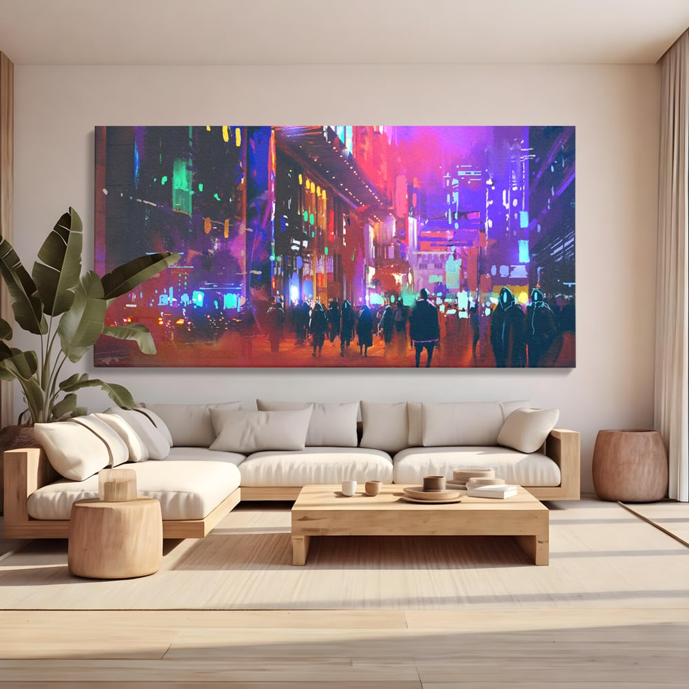 Tablou canvas cu ilustratie digitala cu oras nocturn, fara rama, pe sasiu de lemn, pe perete intr-un living